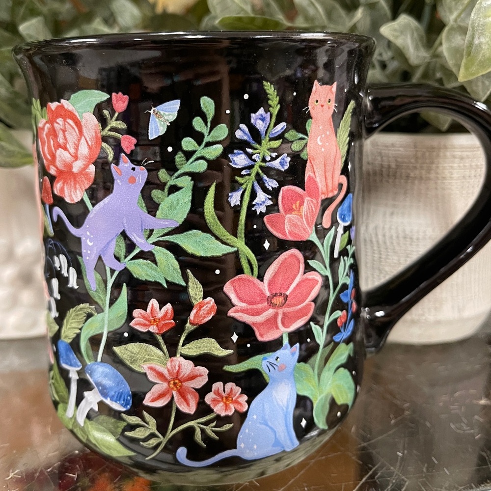 Cats in the Forest Colorful Cats Flowers & Mushrooms Clementine Ceramic Mug NEW